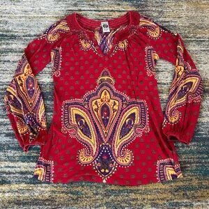 Lucky Brand Y2k VTG Long Sleeve Red Paisley Boho Top Women's sz S